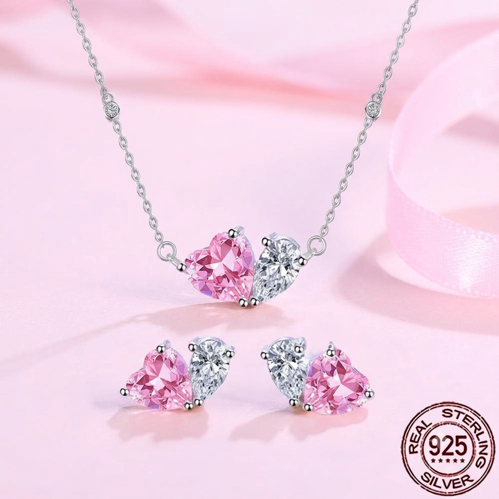 925 Sterling silver heart pear necklace & earring set