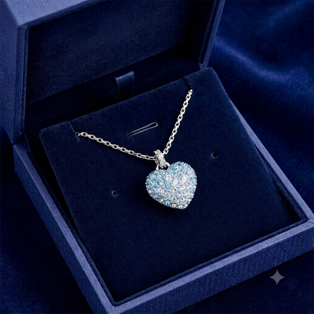 Silver Blue Crystal Heart Pendant Necklace