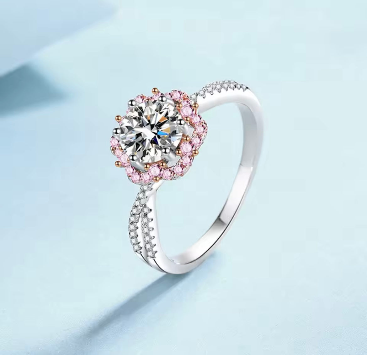 925 Sterling Silver 18K Rose Gold Moissanite Diamond Ring