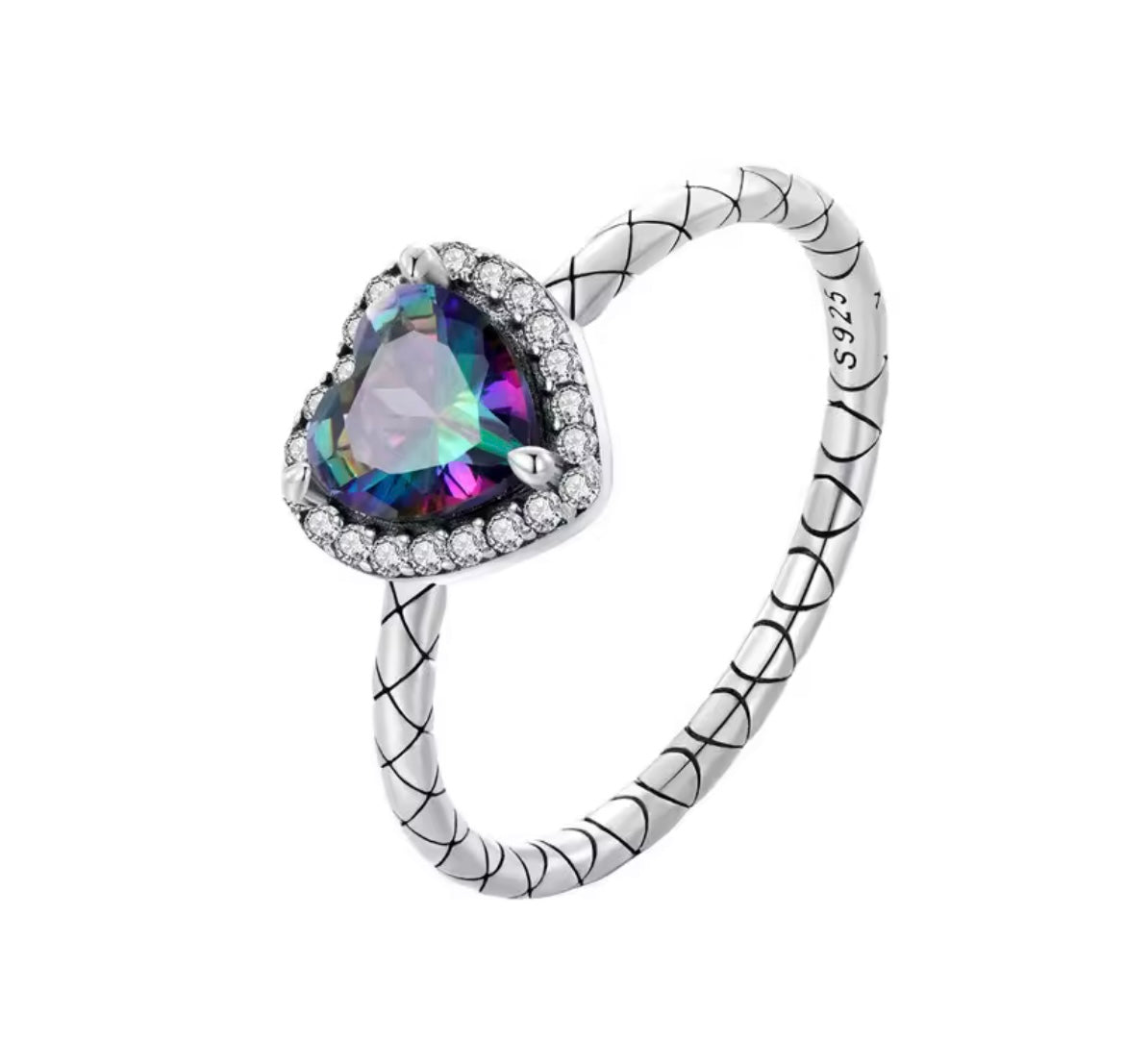 925 Sterling silver Rainbow Mystic heart ring