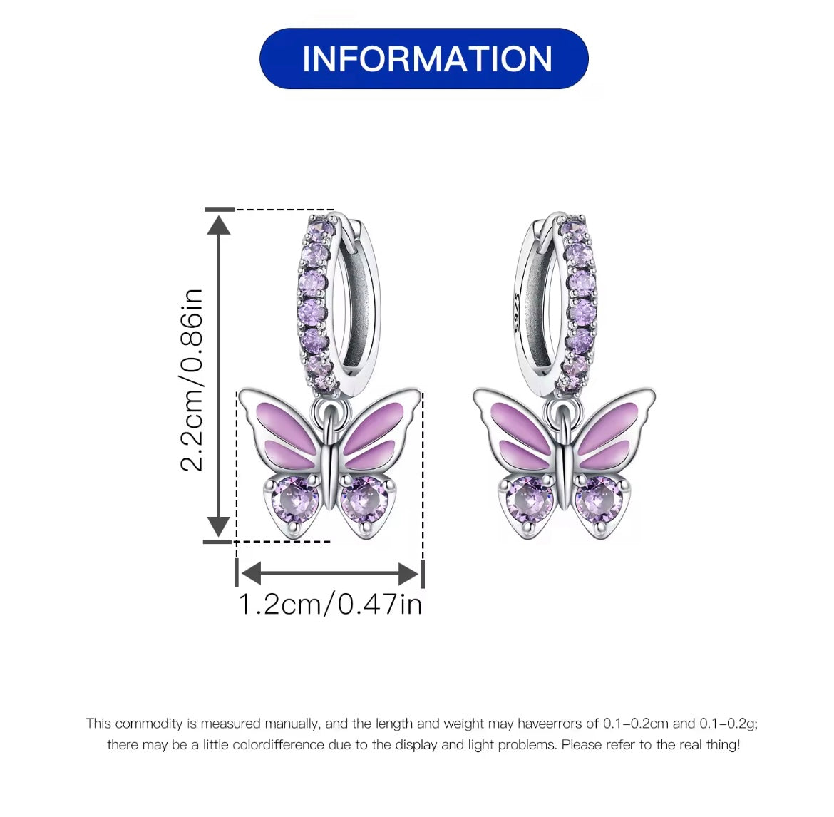 925 Sterling Silver Purple Butterfly Earrings