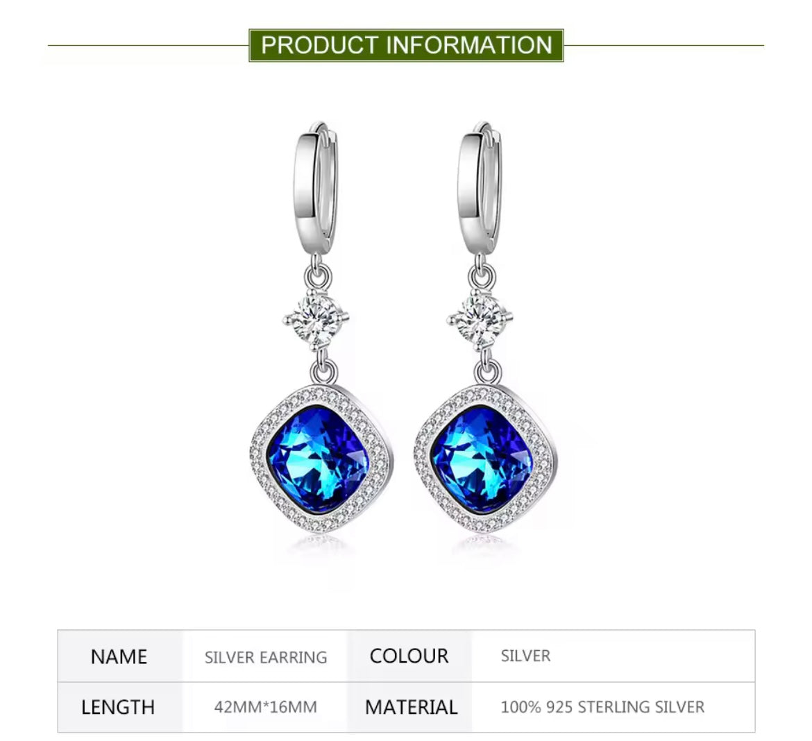 925 Sterling Silver Blue Crystal Drop Earrings