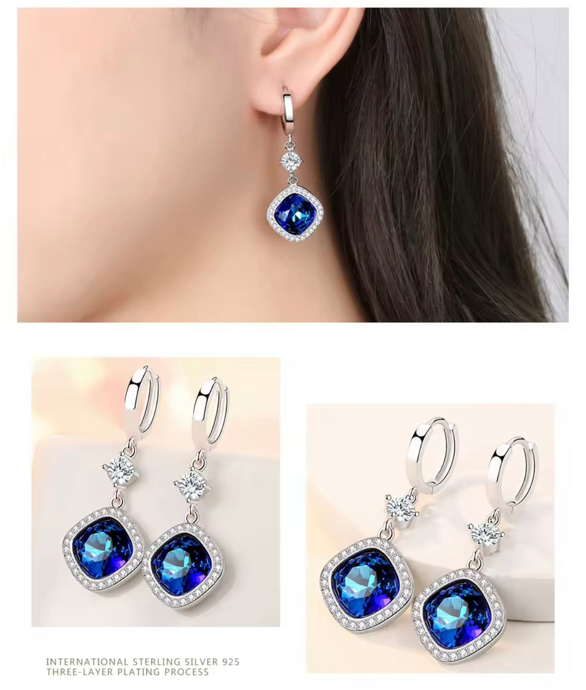925 Sterling Silver Blue Crystal Drop Earrings