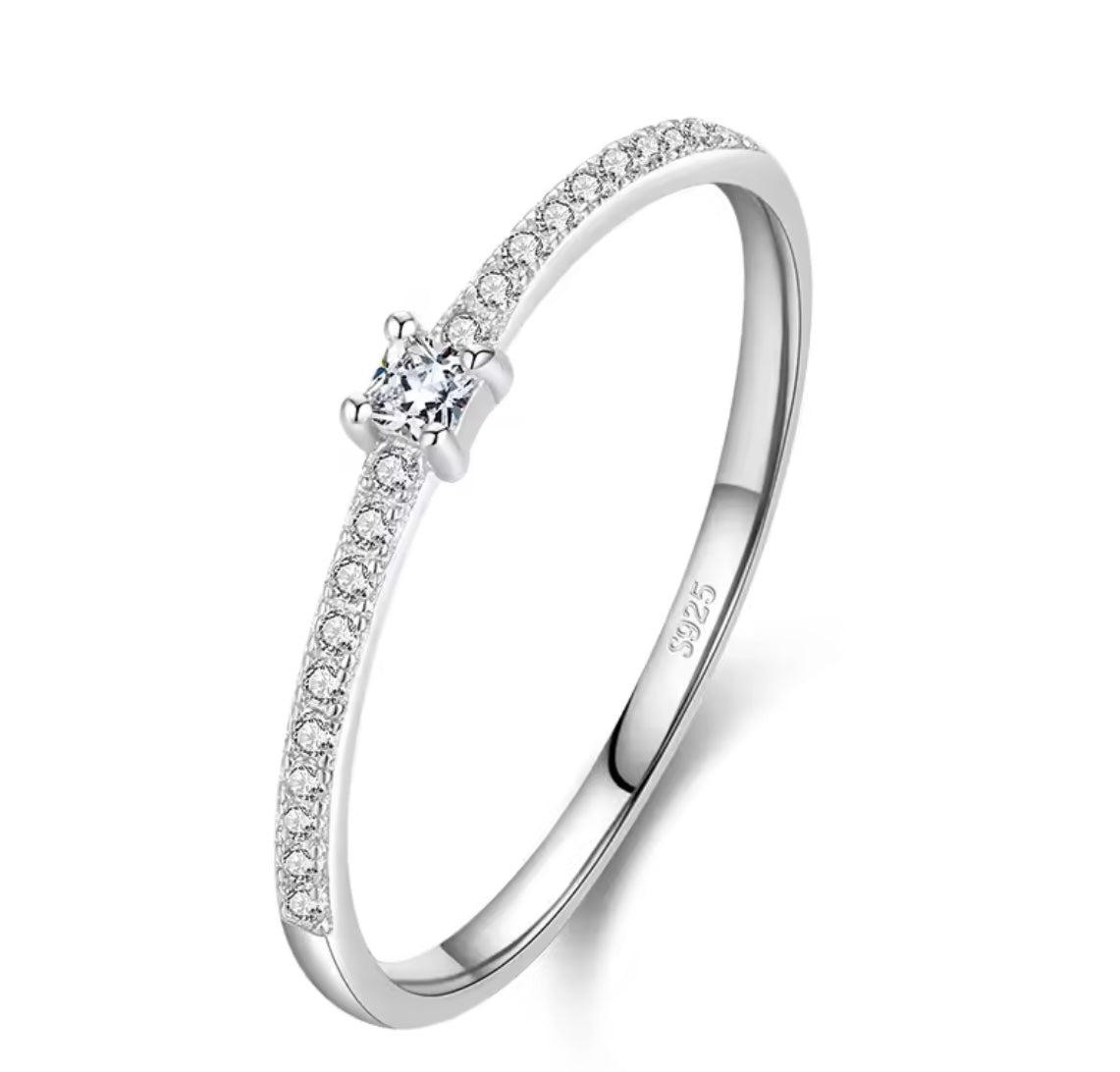 925 Sterling Silver Simple Square Clear Ring