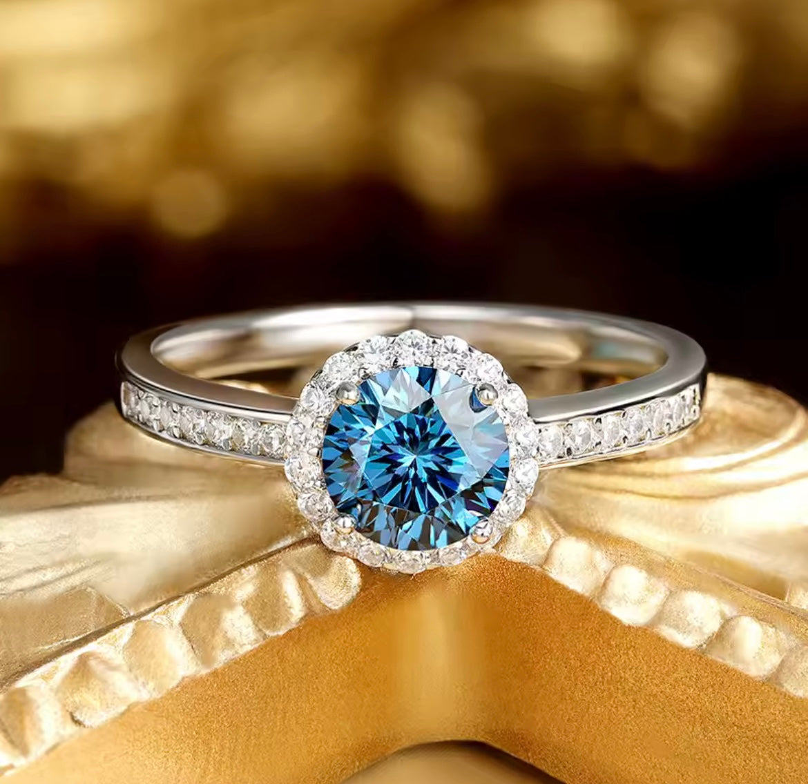 925 Sterling silver blue halo Moissanite ring