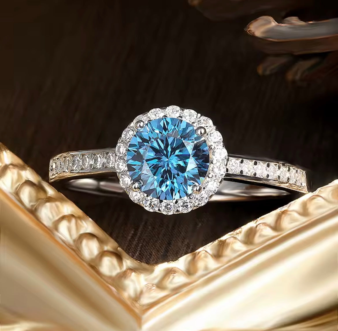 925 Sterling silver blue halo Moissanite ring