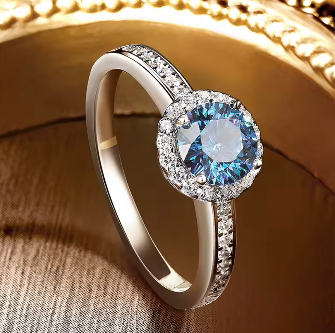 925 Sterling silver blue halo Moissanite ring
