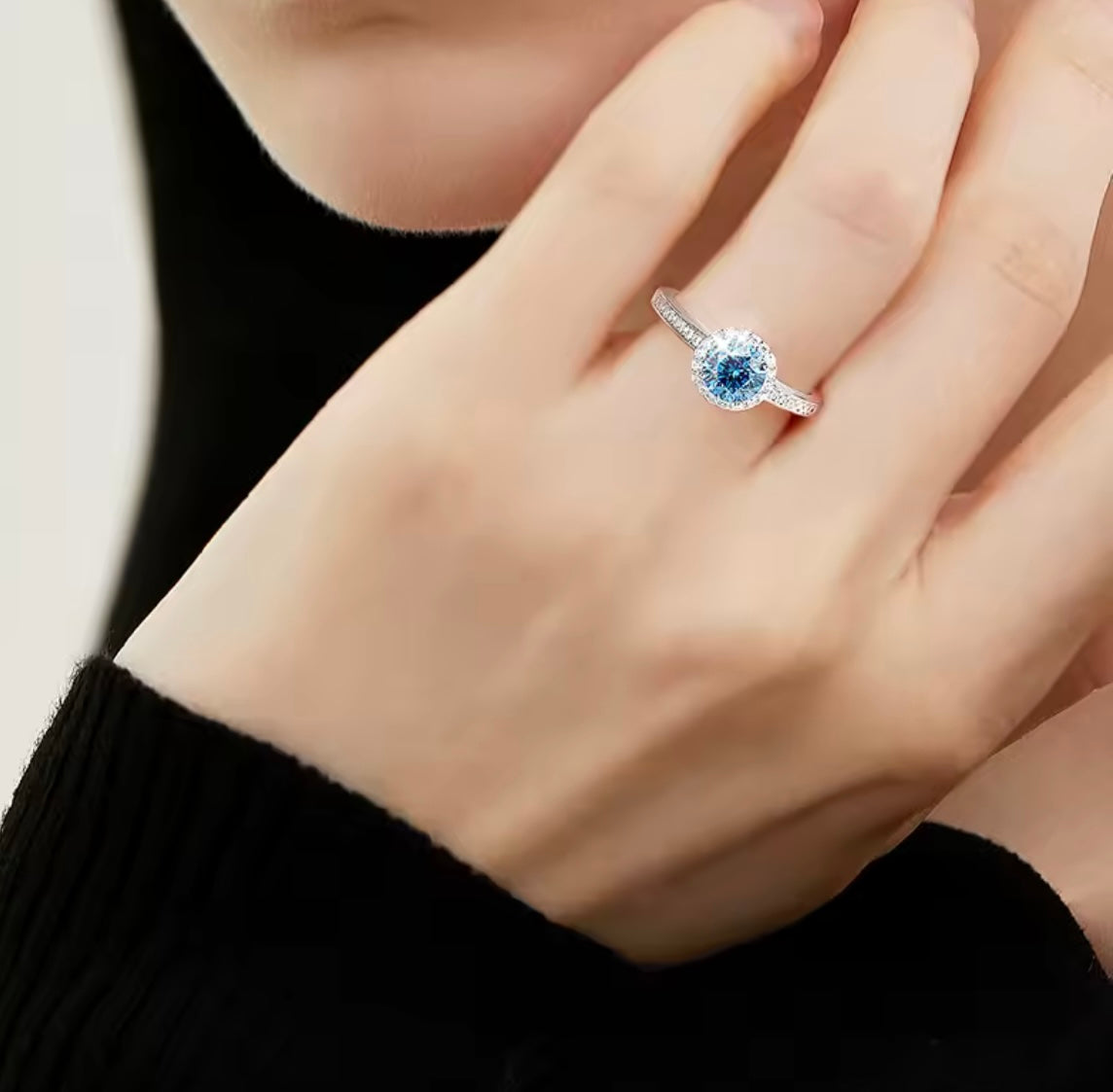 925 Sterling silver blue halo Moissanite ring