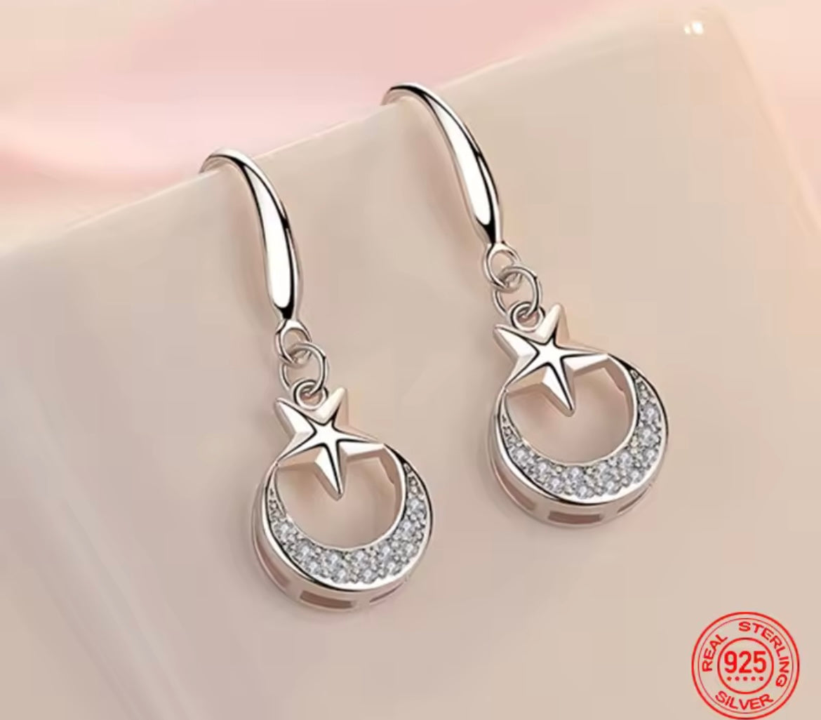 925 Sterling Silver Star Moon Dangle Earrings
