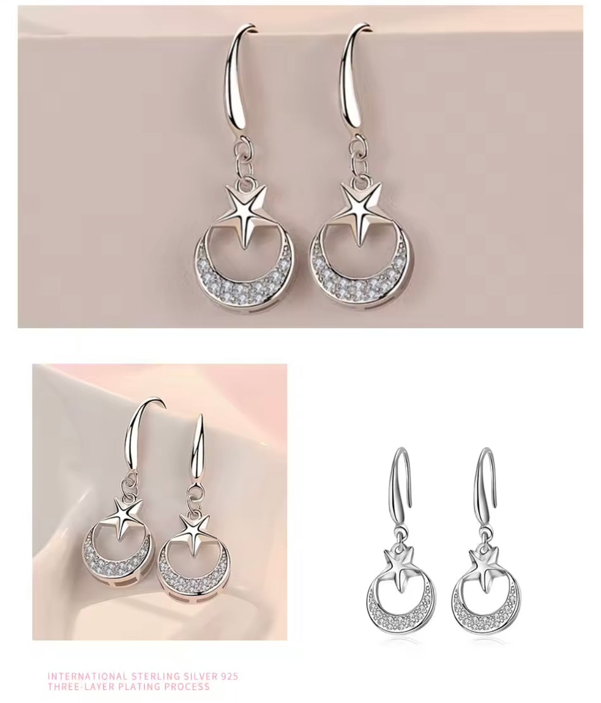 925 Sterling Silver Star Moon Dangle Earrings