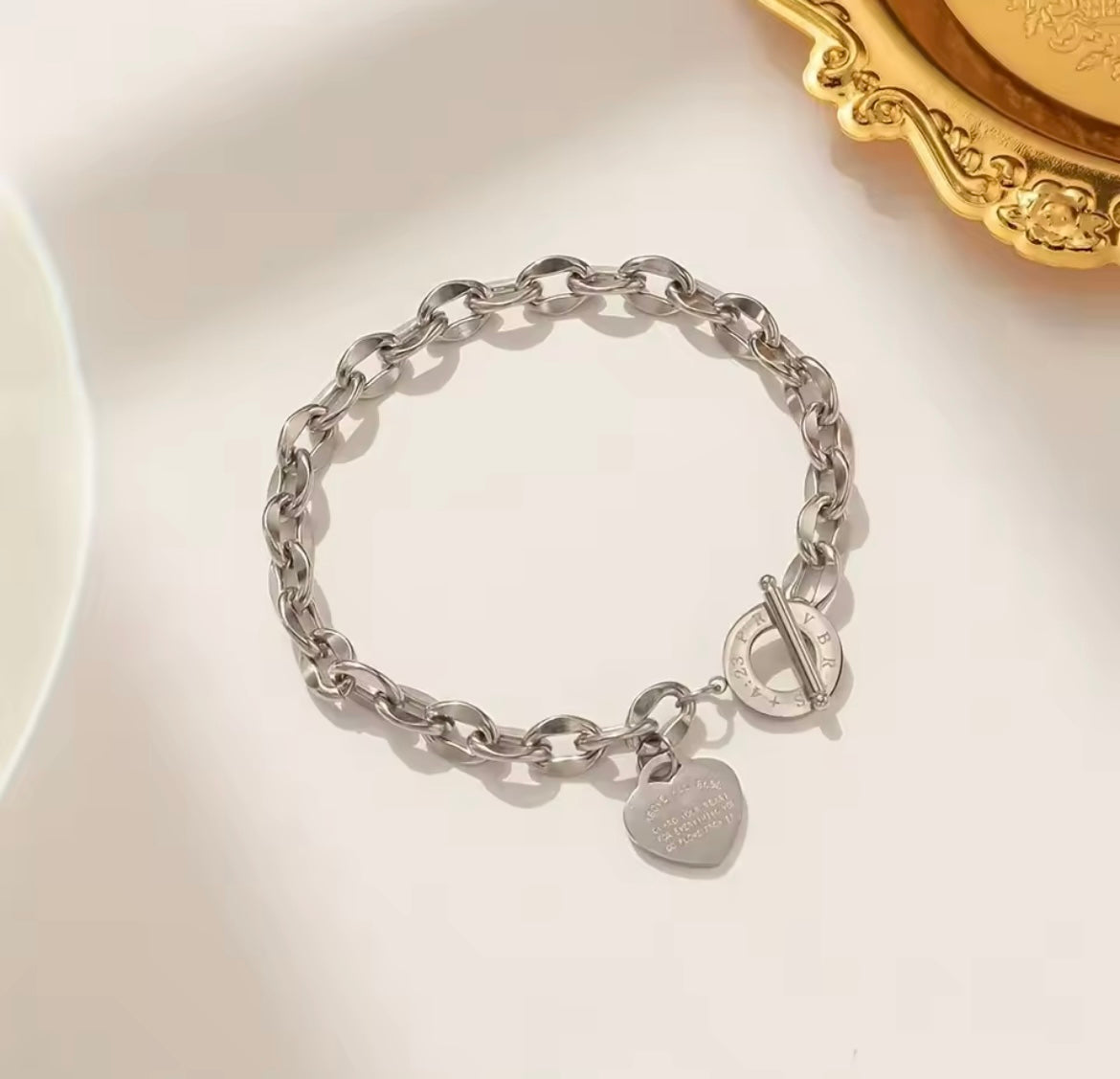 Stainless Steel Bracelet With Heart Pendant, Double Heart OT Buckle