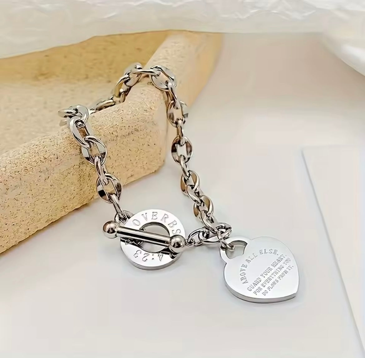 Stainless Steel Bracelet With Heart Pendant, Double Heart OT Buckle