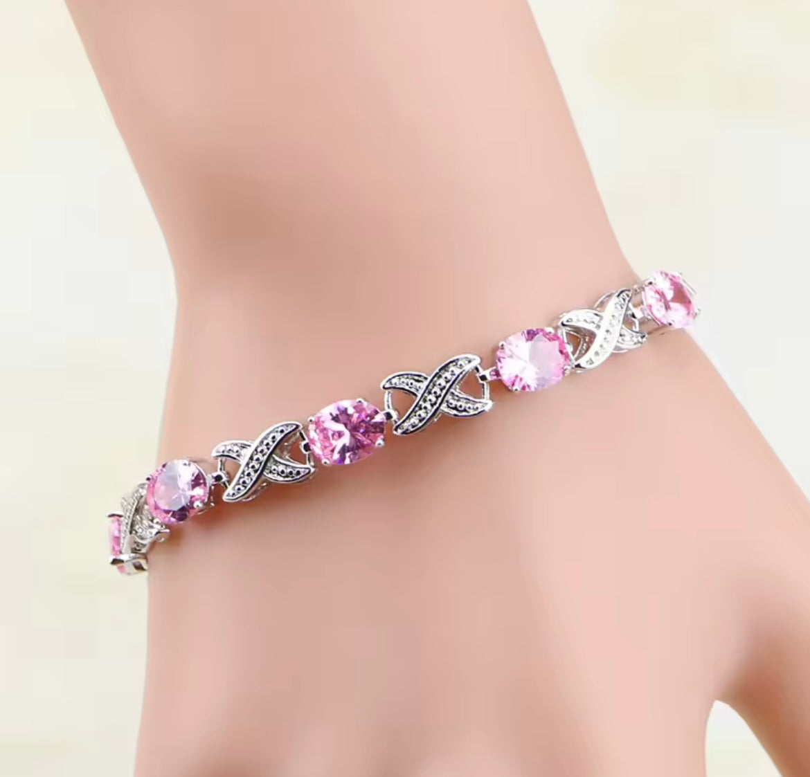 925 Sterling Silver Mystic Pink Cubic Zirconia Chain & Link Bracelet