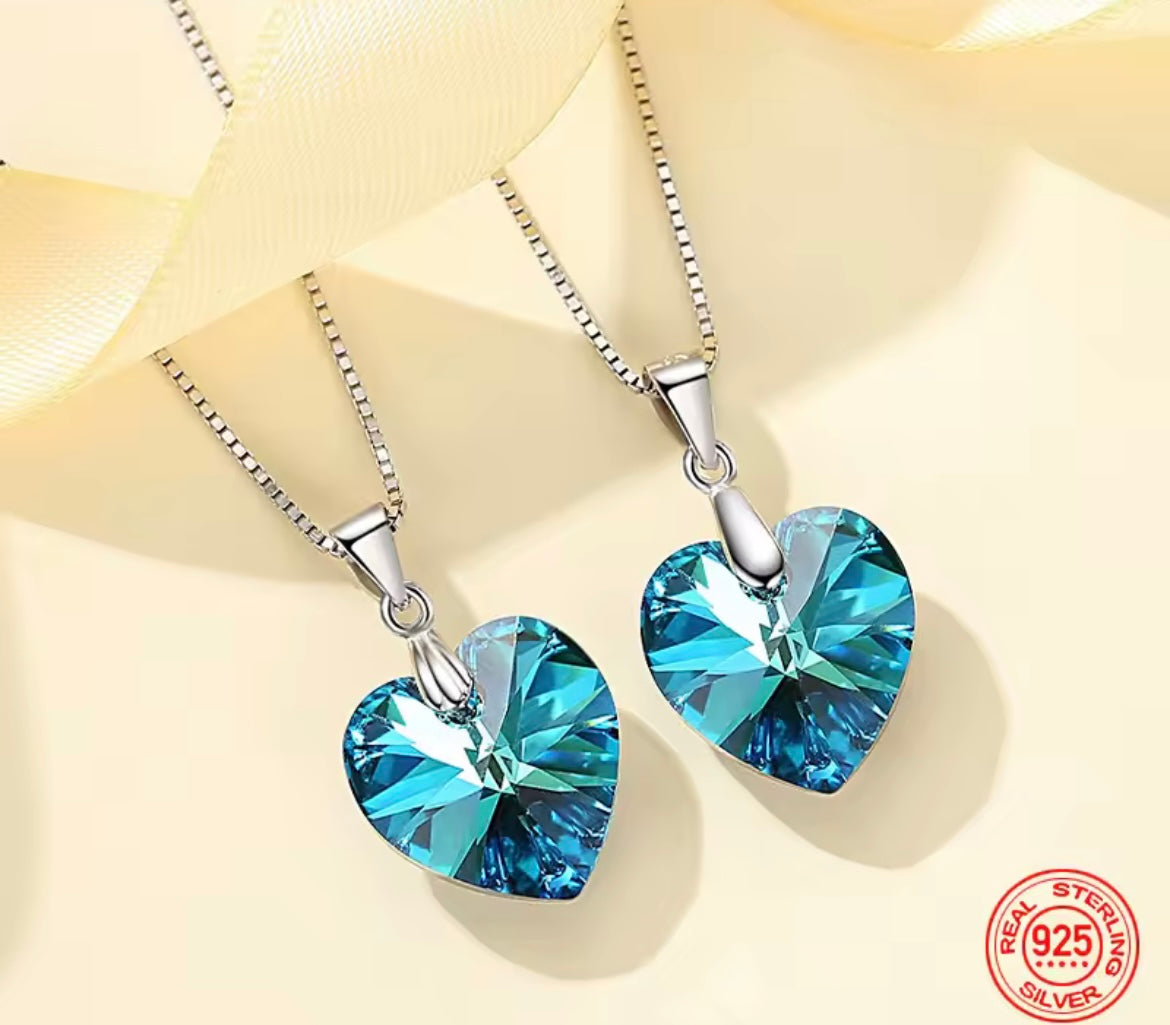 925 Sterling silver blue crystal heart necklace