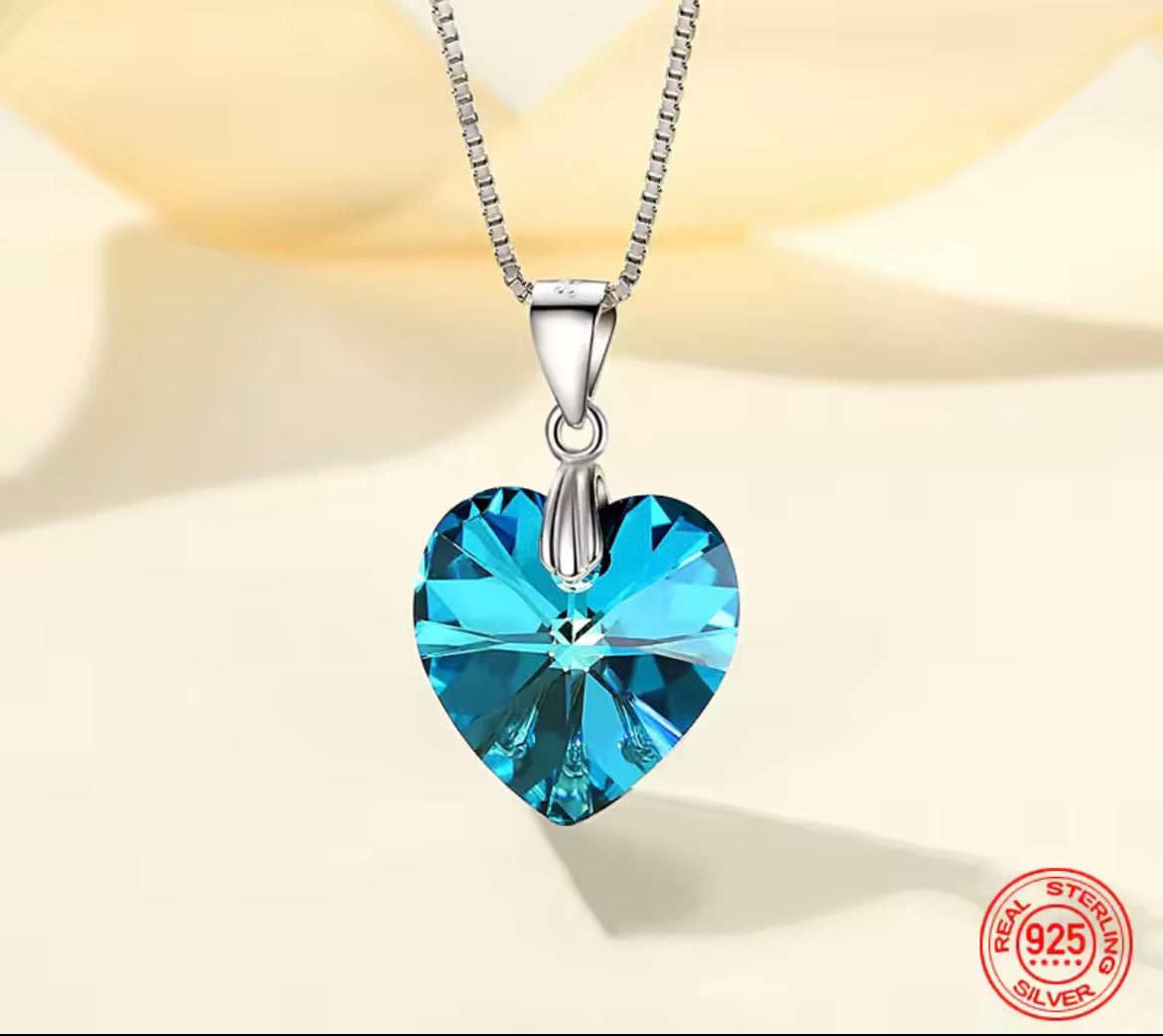 925 Sterling silver blue crystal heart necklace