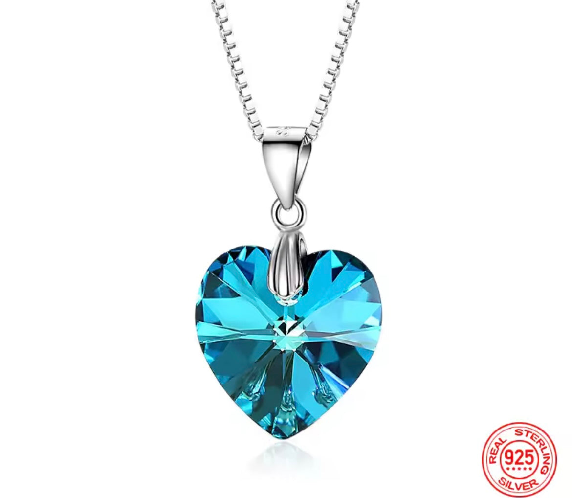 925 Sterling silver blue crystal heart necklace