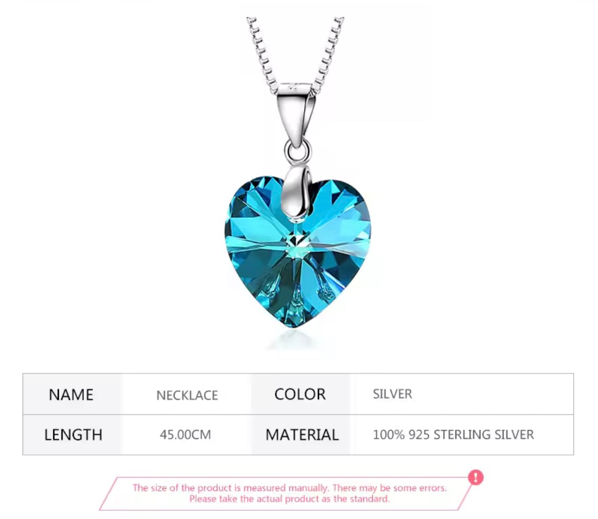 925 Sterling silver blue crystal heart necklace