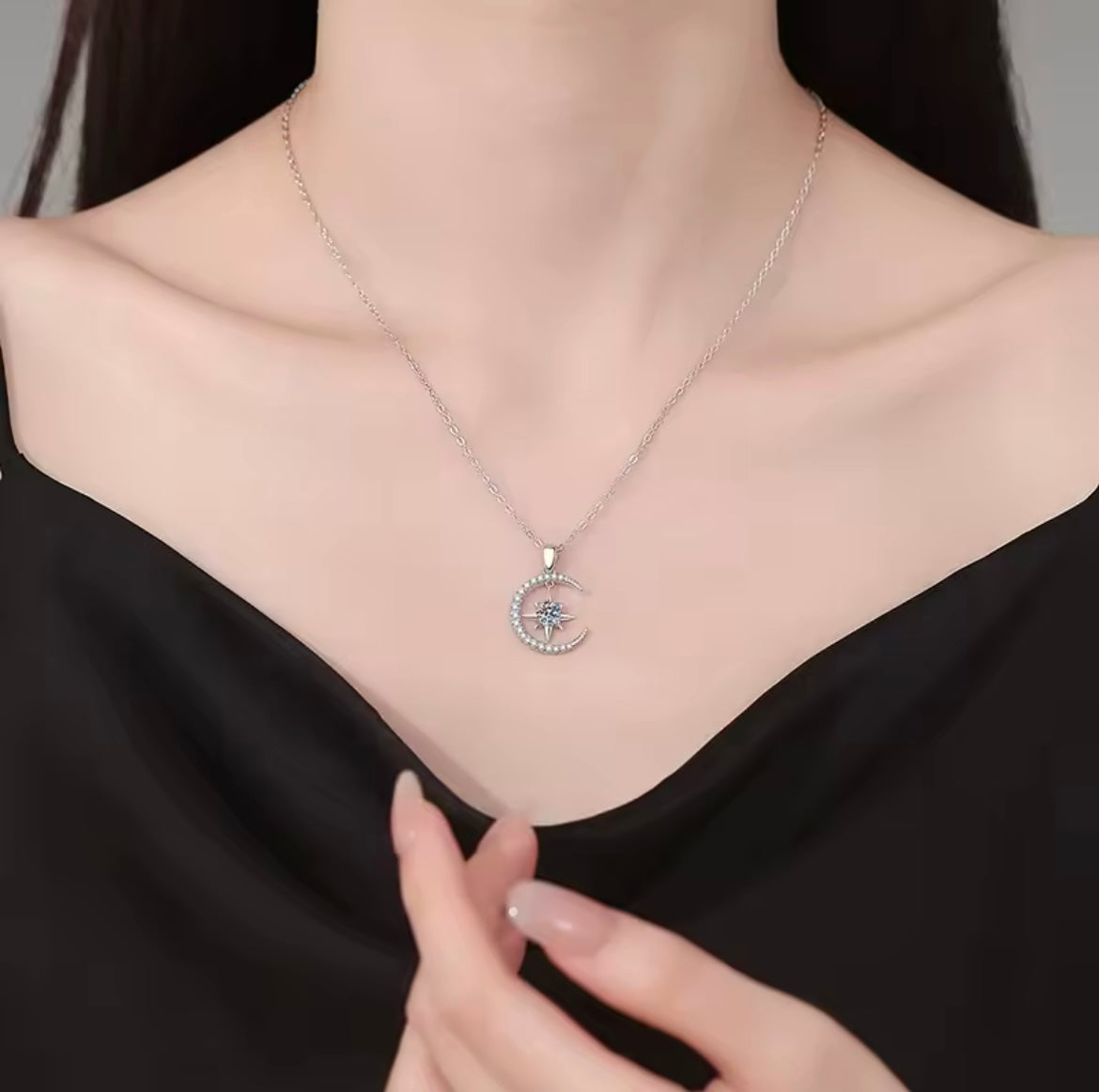 925 sterling silver 0.5 carat moissanite necklace, star and moon