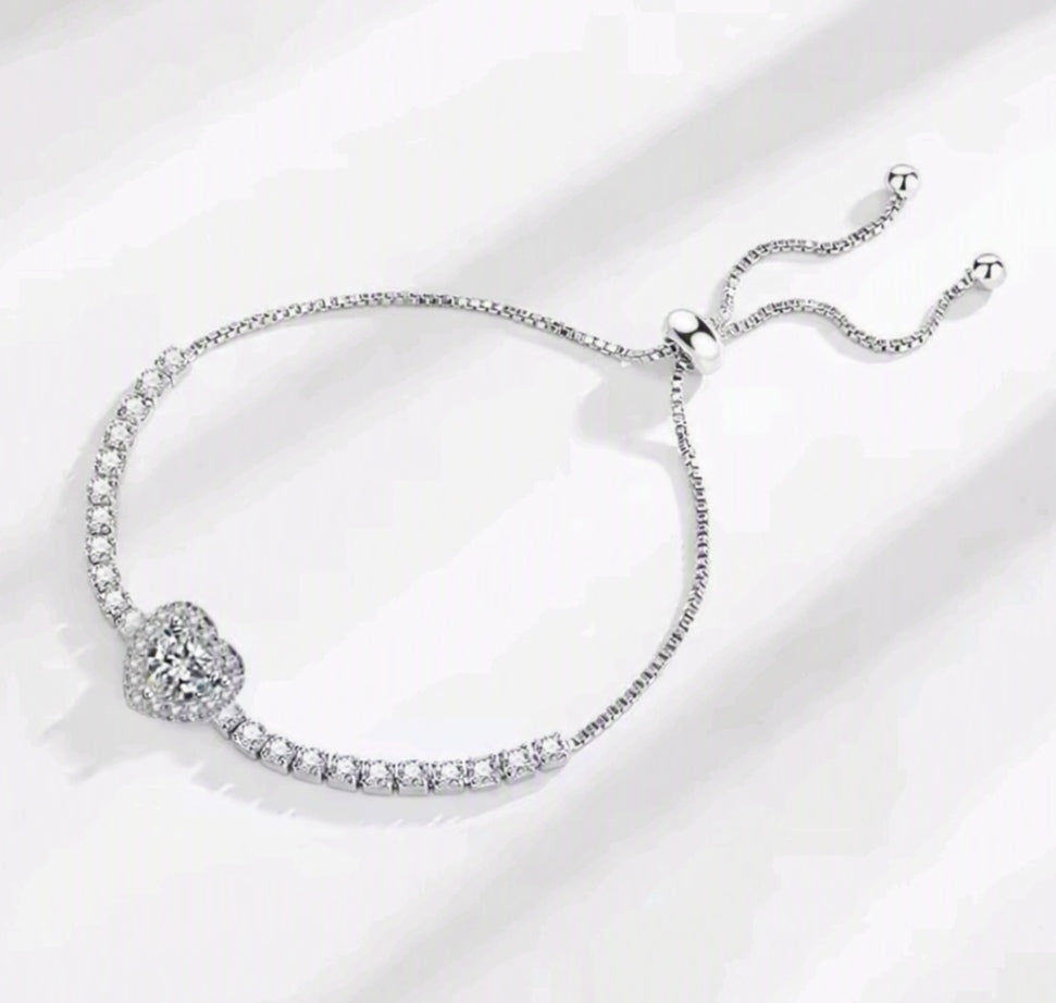 925 Sterling Silver Heart tennis bolo bracelet
