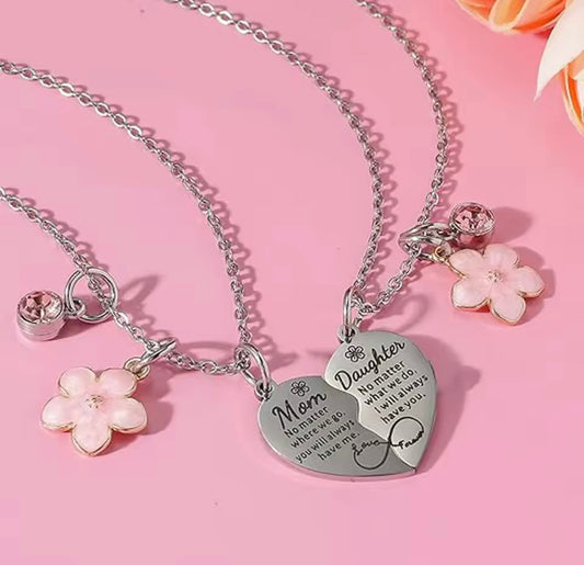 2Pcs Mother Daughter Heart Matching Pendant Necklace
