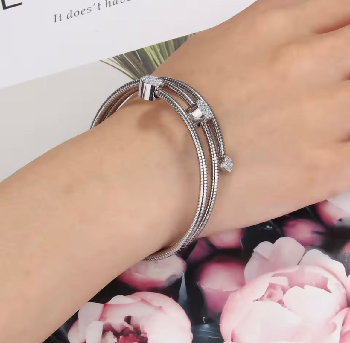 Stainless Steel Crystal Cable Wire Bangle Bracelet