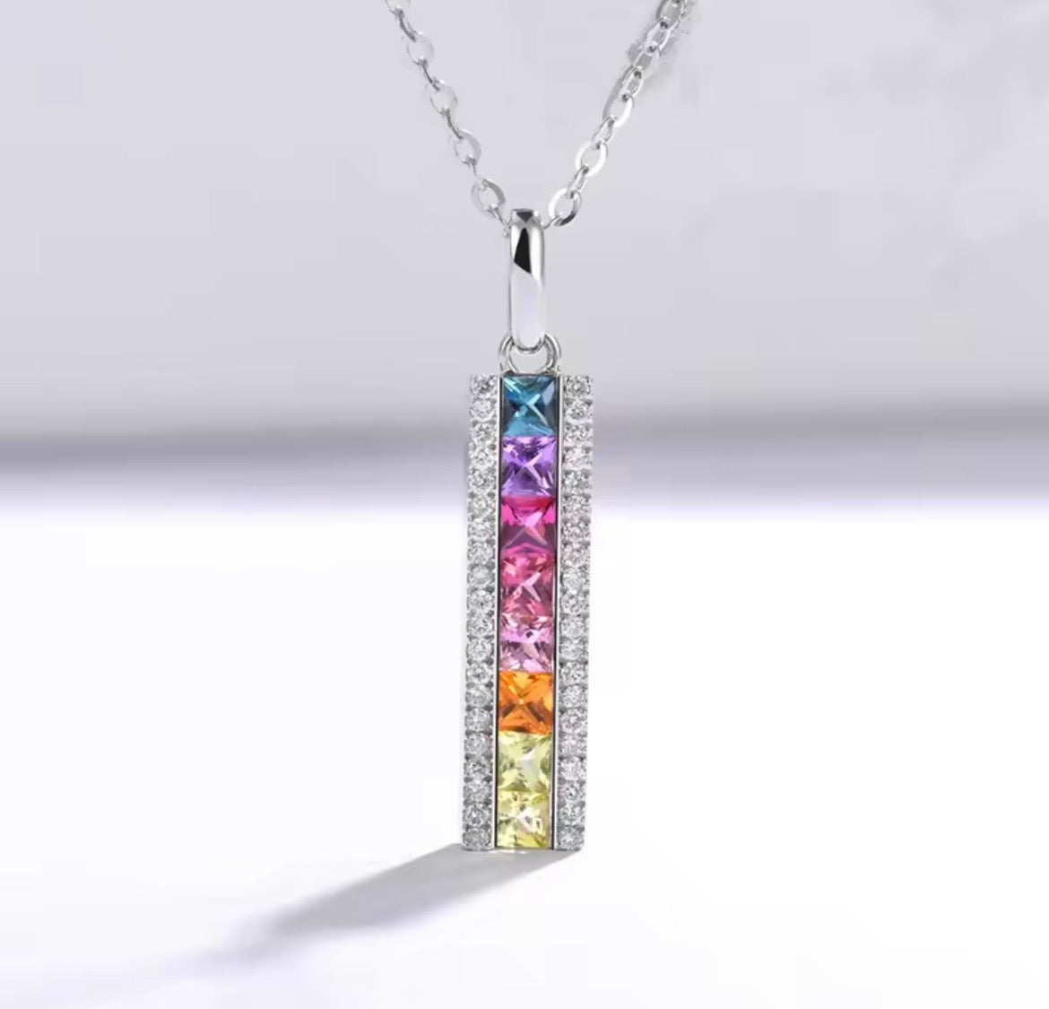 925 Sterling Silver Rainbow Square Cubic Zirconia Pendant