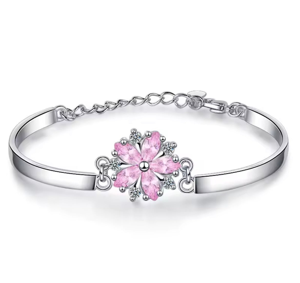 925 Sterling silver Clear & pink cherry blossom jewellery set