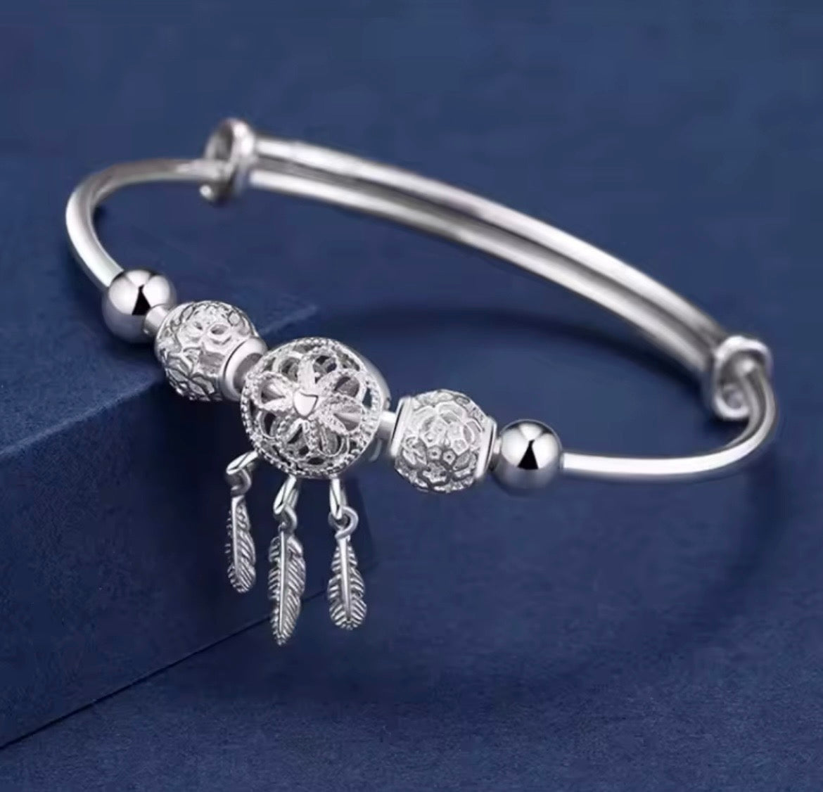 925 Sterling silver Dreamcatcher Tassel Feather bangle