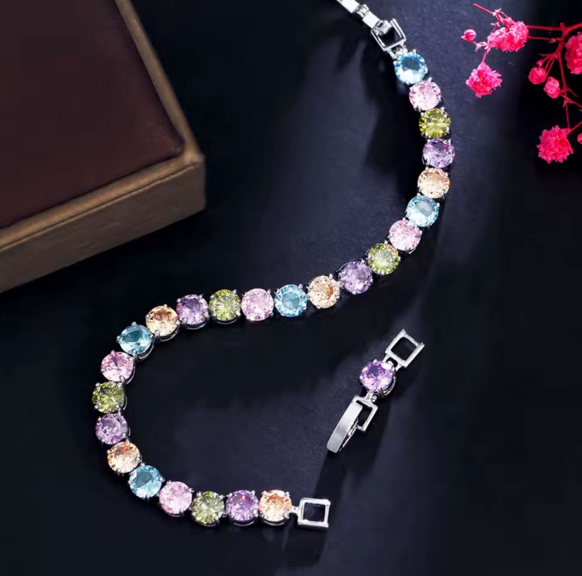 Multicolor Round Cubic Zirconia Pave Silver Tennis bracelet