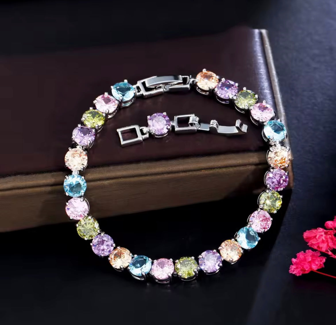 Multicolor Round Cubic Zirconia Pave Silver Tennis bracelet
