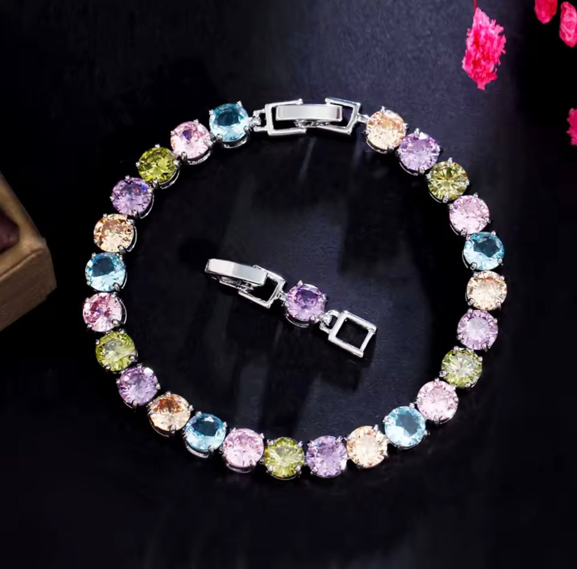 Multicolor Round Cubic Zirconia Pave Silver Tennis bracelet