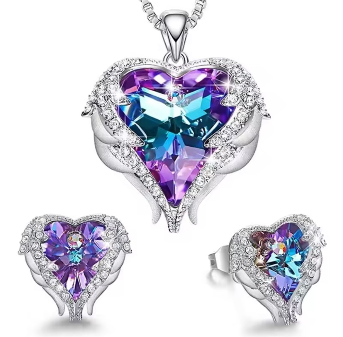 Angel Wing Love Heart Crystal Necklaces and Earrings Set