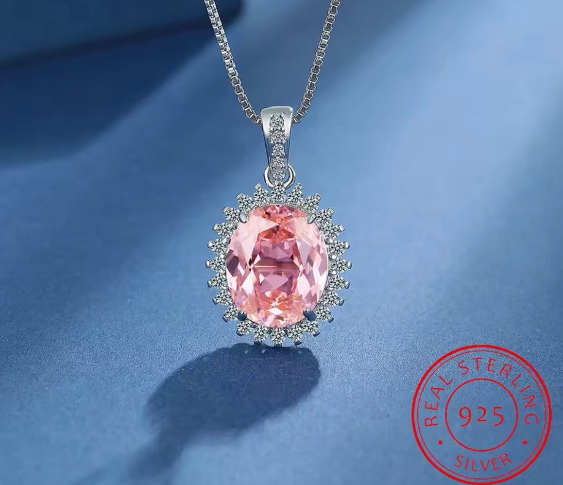 Pink Sapphire 925 Sterling Silver Halo Pendant Necklace