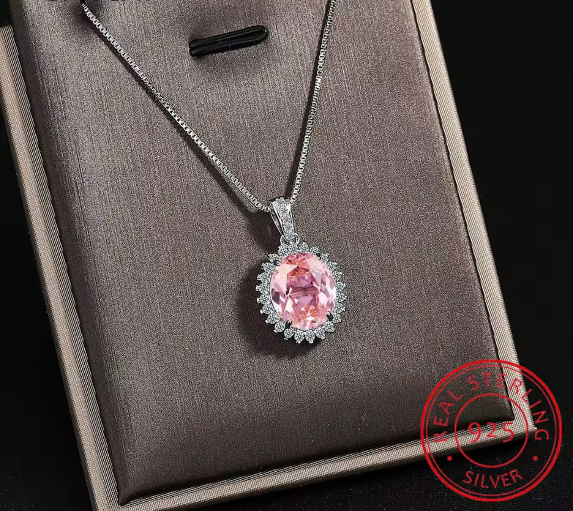 Pink Sapphire 925 Sterling Silver Halo Pendant Necklace