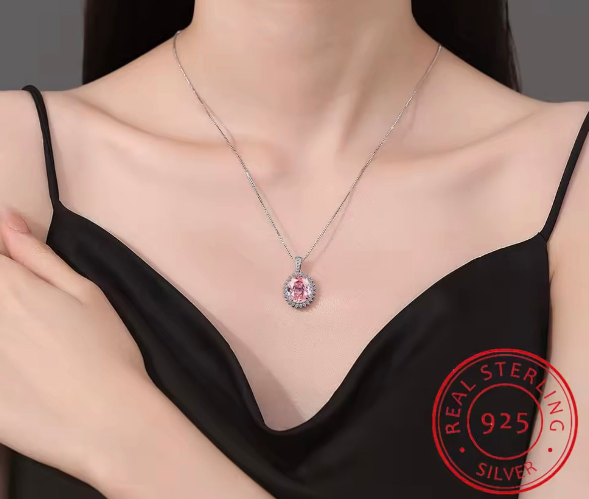 Pink Sapphire 925 Sterling Silver Halo Pendant Necklace