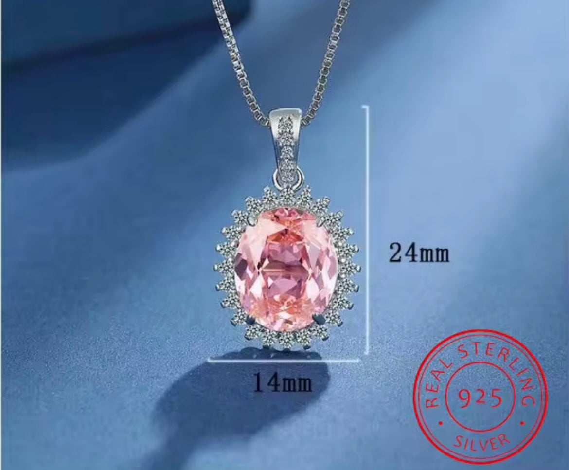 Pink Sapphire 925 Sterling Silver Halo Pendant Necklace
