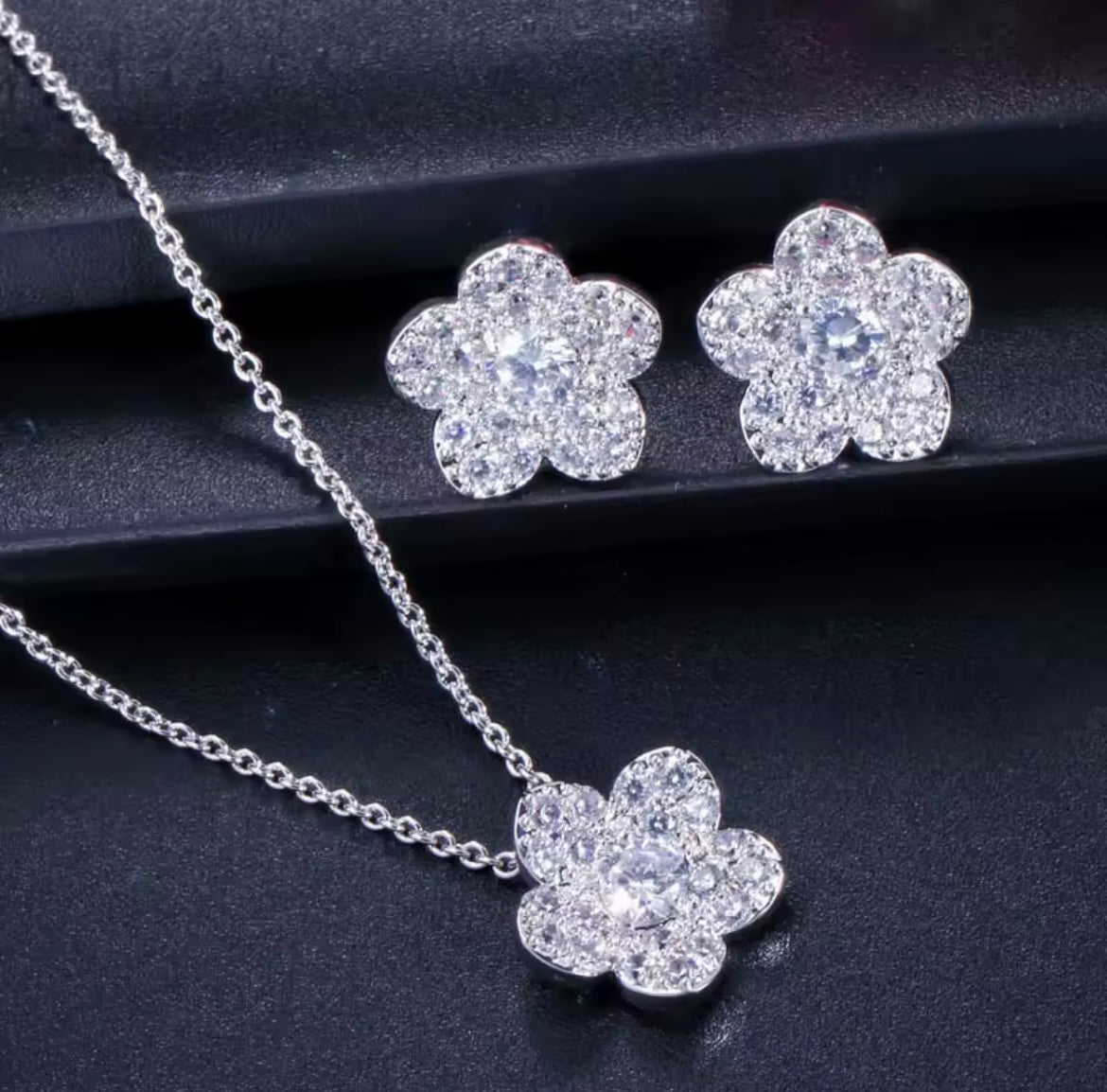 925 Sterling silver crystal flower set
