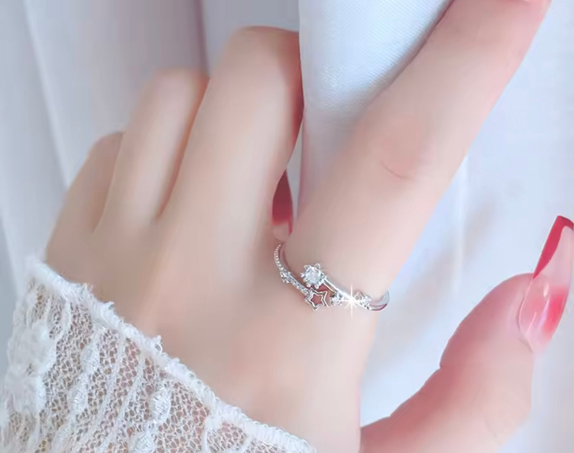 925 Sterling Silver Star Crystal Adjustable Ring