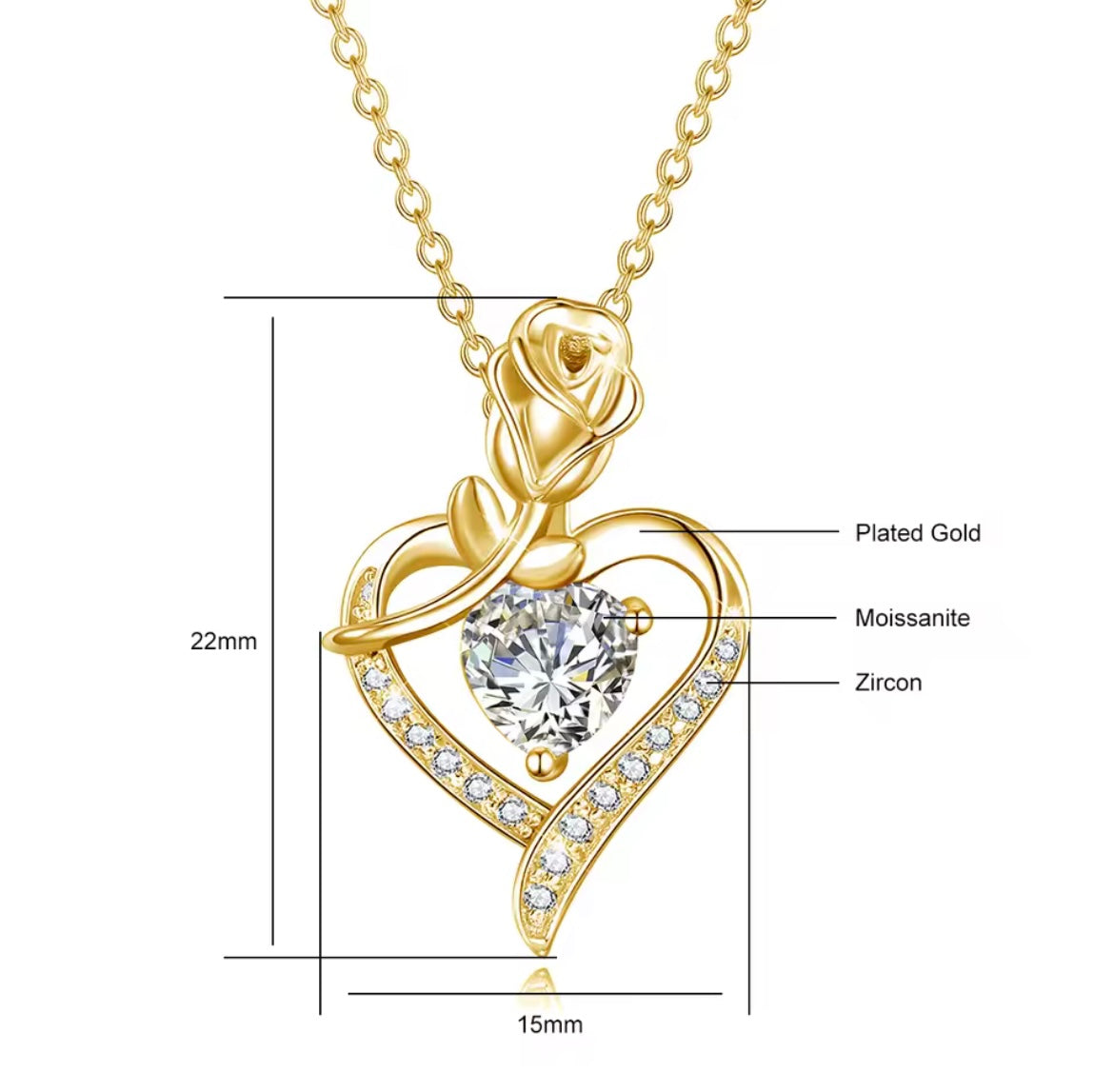 Luxury Rose Flower Moissanite heart Necklace