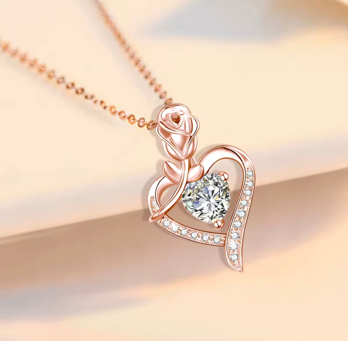 Luxury Rose Flower Moissanite heart Necklace