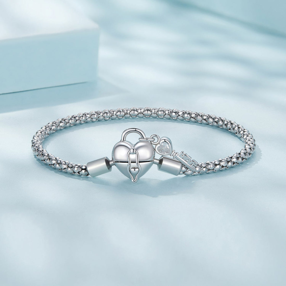 925 Sterling Silver Heart Lock & Key Charm Bracelet