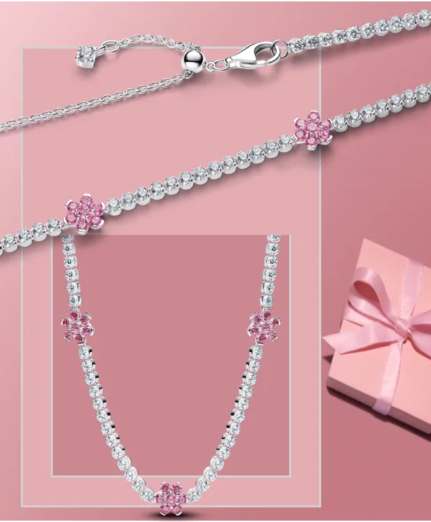 925 Sterling silver pink flower tennis necklace