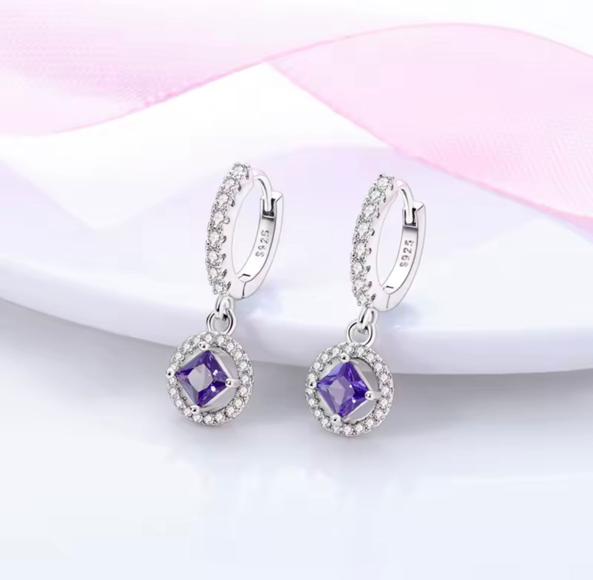 925 Sterling Silver Purple Princess Square Drop Earring