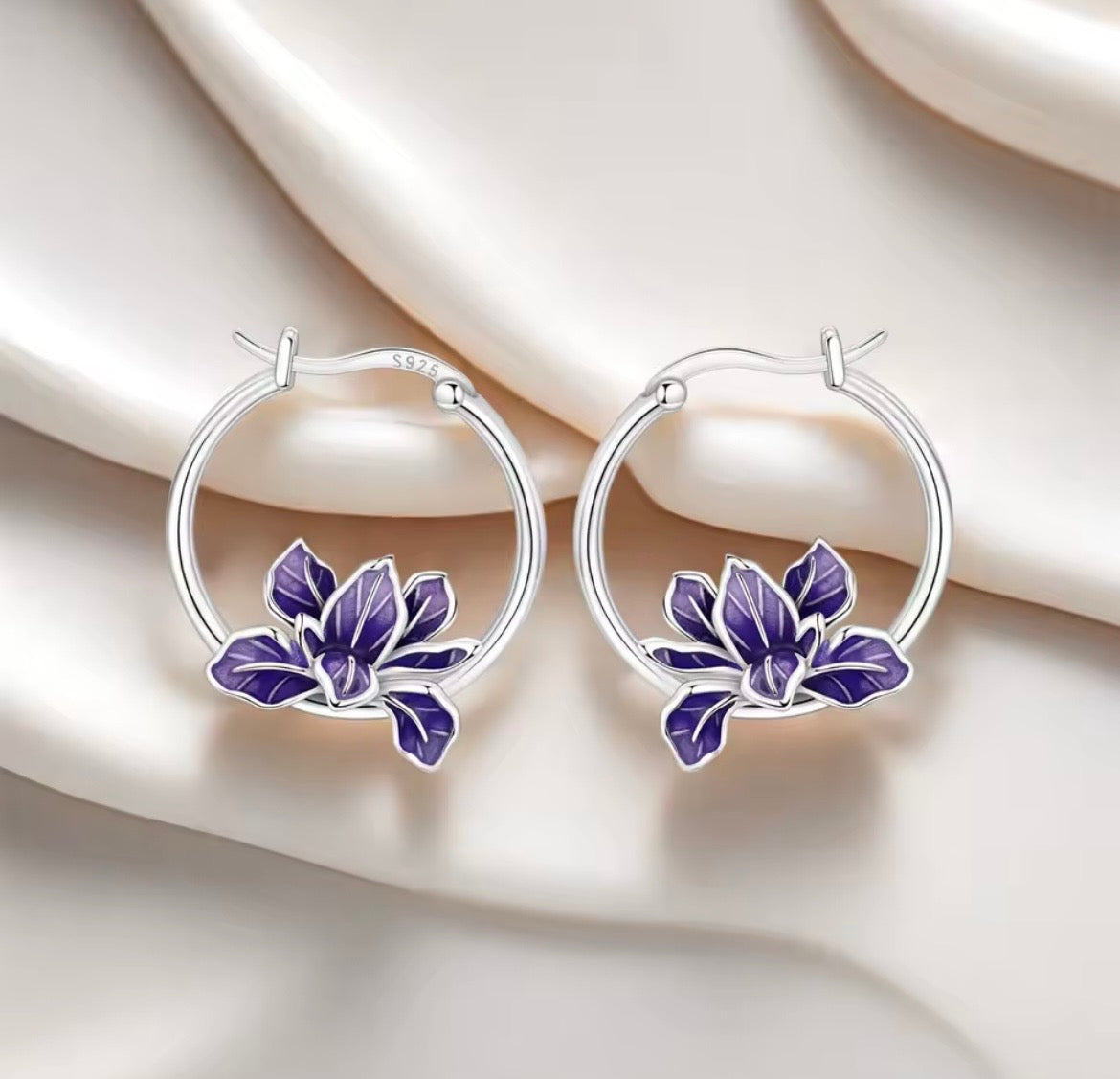925 Sterling silver Blooming Purple Iris Flower Earrings