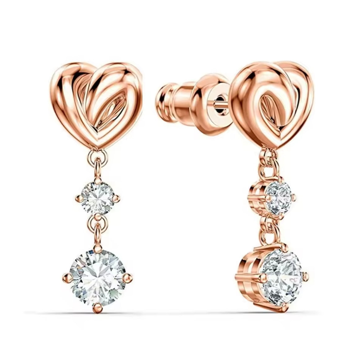 Rose gold heart dangly stud earrings
