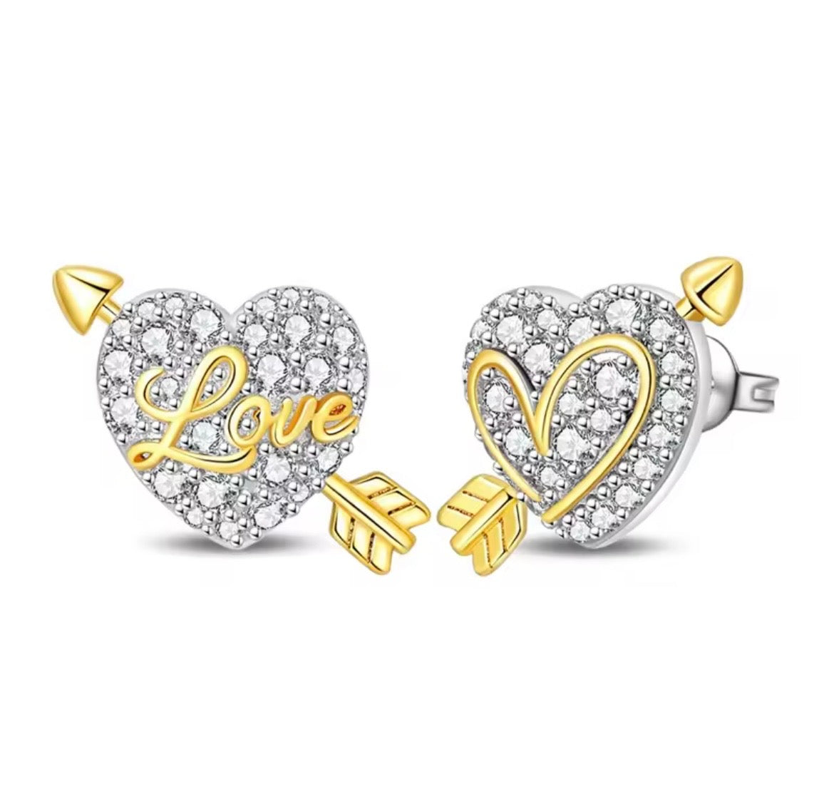 925 Sterling Silver Love Heart Bow & Arrow Stud Earrings