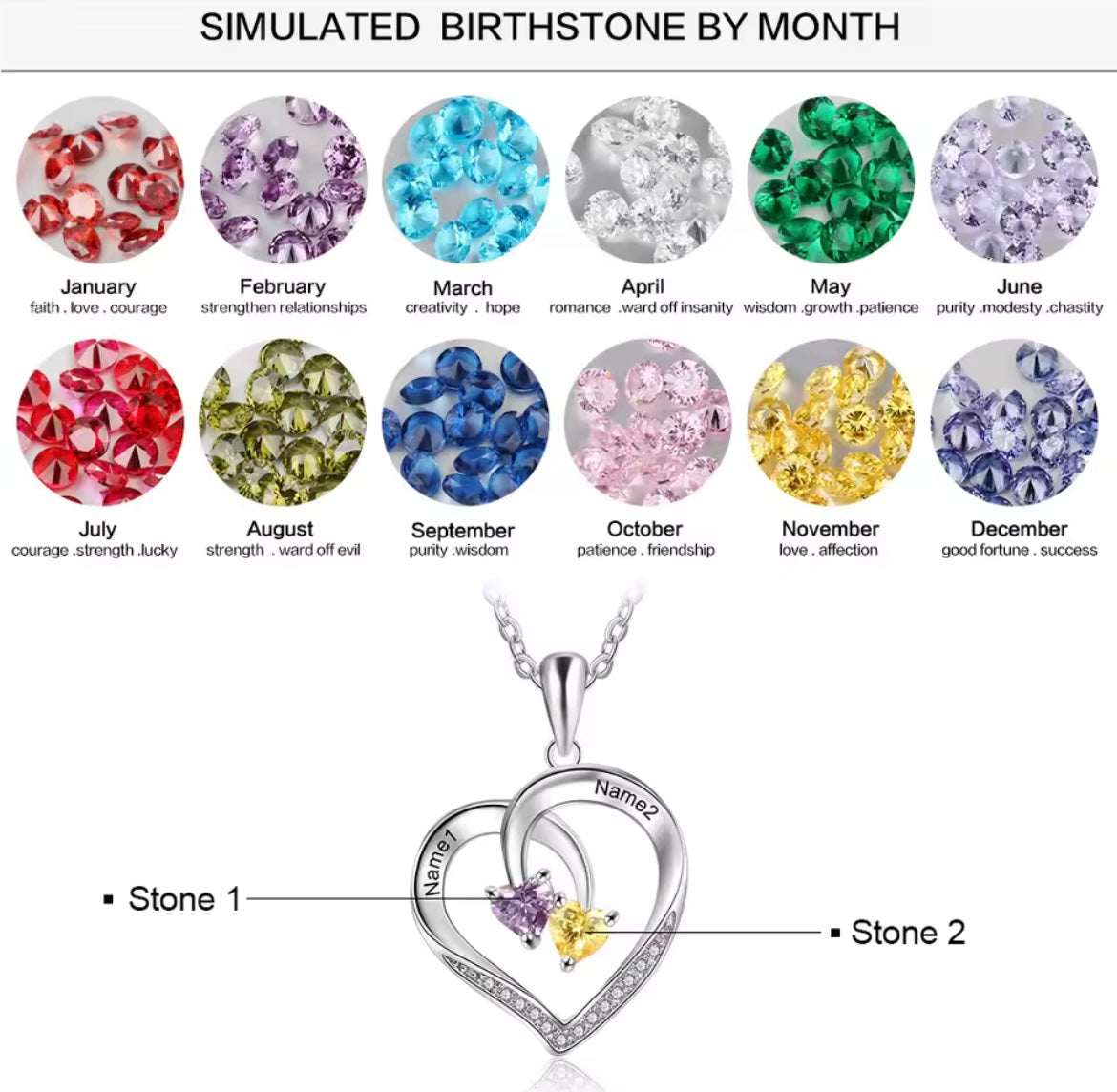 925 Sterling Silver Personalized Heart Necklace with 2 Birthstones Engraved Name Necklace