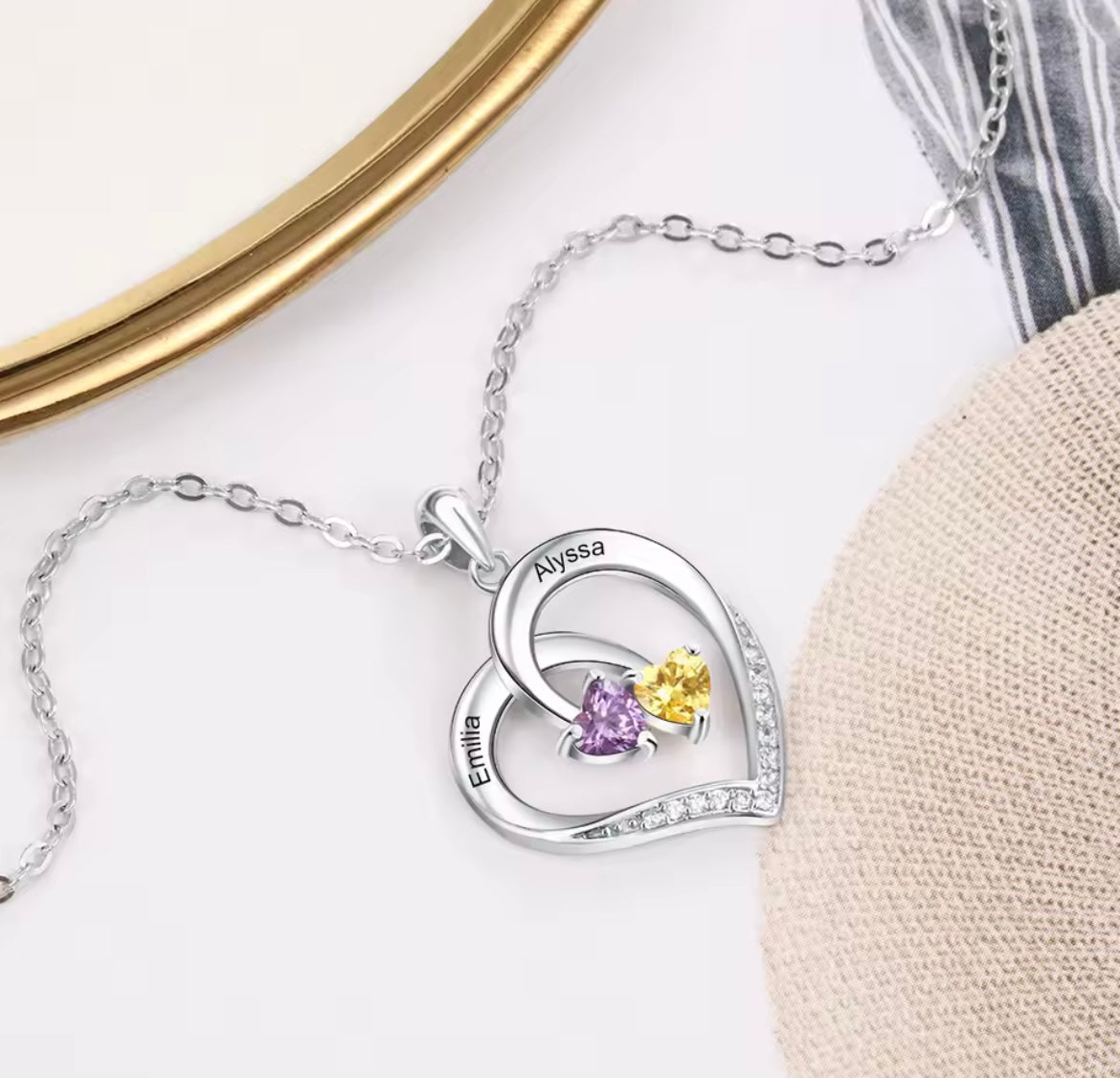 925 Sterling Silver Personalized Heart Necklace with 2 Birthstones Engraved Name Necklace