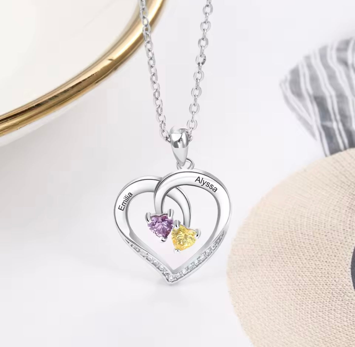 925 Sterling Silver Personalized Heart Necklace with 2 Birthstones Engraved Name Necklace