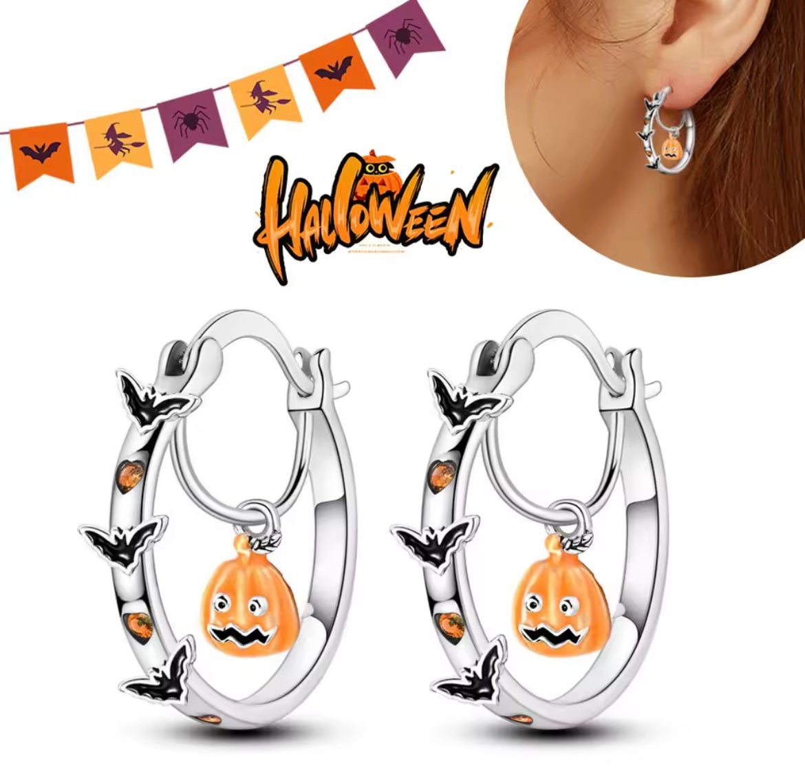 925 Silver Halloween Cute Pumpkin Bat Earrings